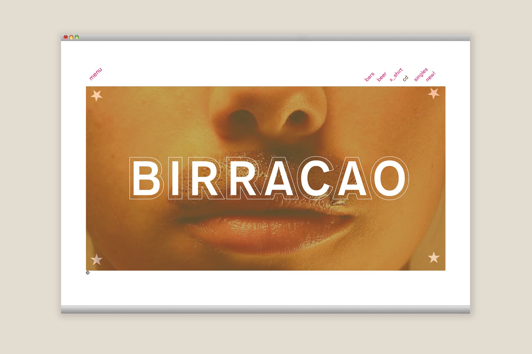 CD web page design presenting the BIRRACAO CD from the XOCOA website. Includes outlined typography, stars icons and a female face closeup of lips and nose. Website designed by esiete branding and communication studio and programmed by sevenap.