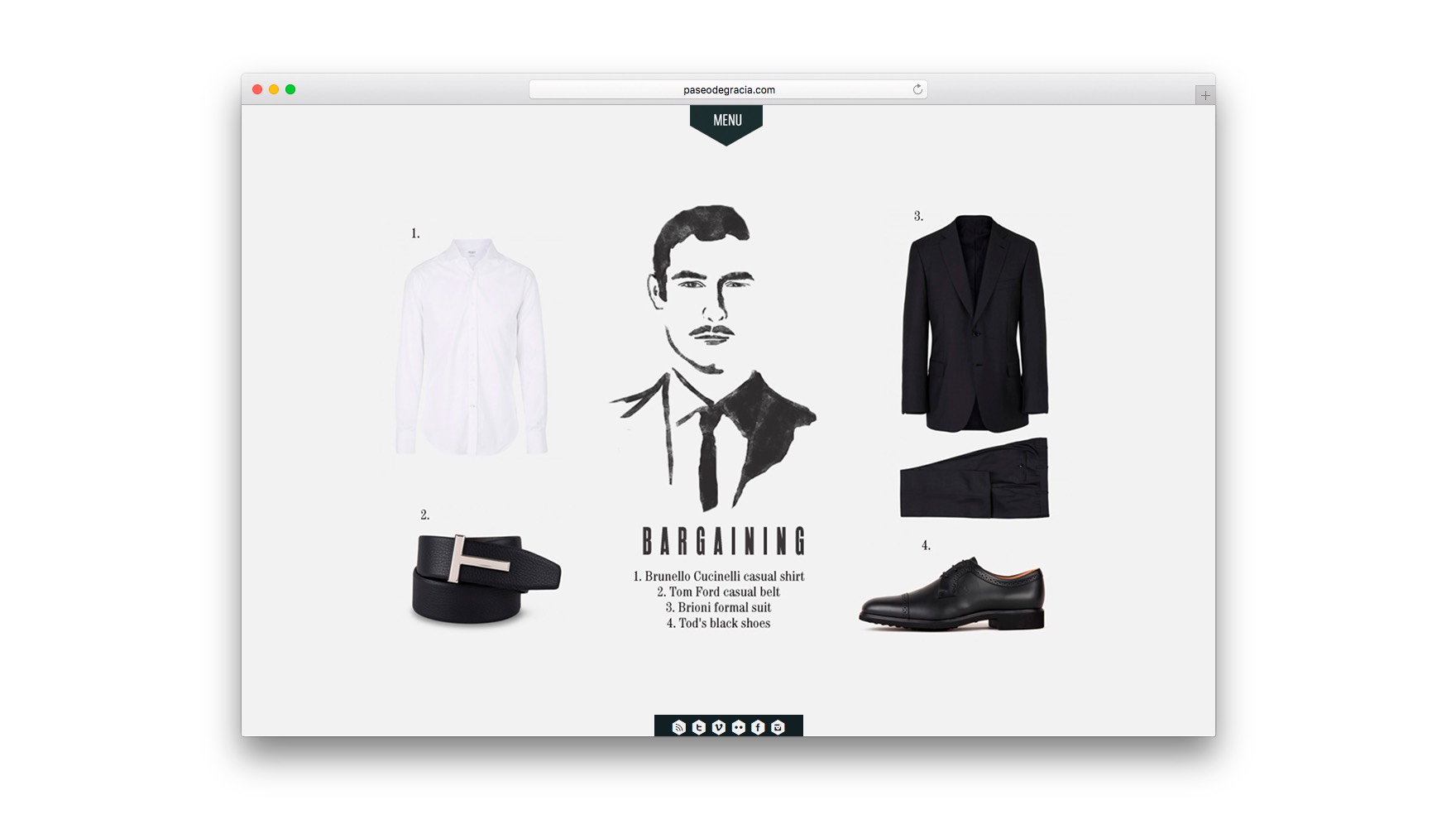 Home de Paseodegracia.com con ilustraci&oacute;n de un hombre rodeado de elegantes prendas de vestir a su alrededor, entre las que se encuentran un traje negro, una corbata y unos zapatos. Ilustraciones y dise&ntilde;o web de Esiete estudio de branding y comunicaci&oacute;n Barcelona. Desarrollo web de Sevenap