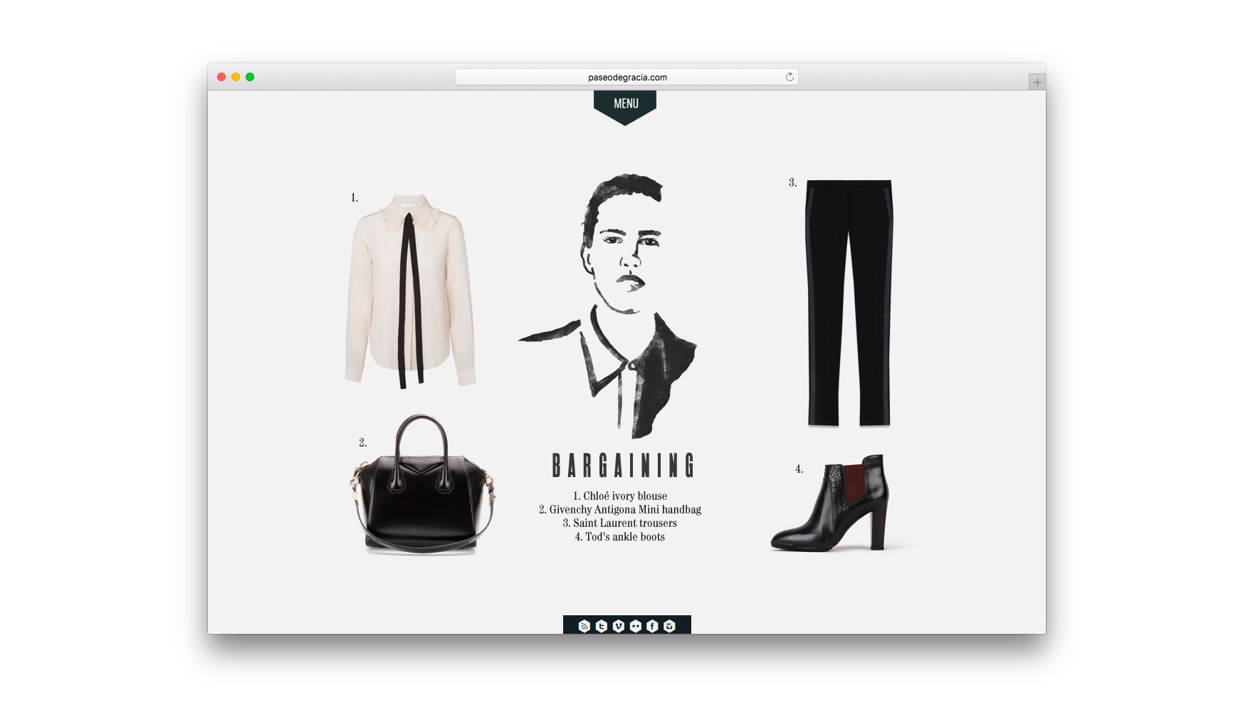 Home de Paseodegracia.com con ilustraci&oacute;n de una mujer rodeada de elegantes prendas de vestir entre las que se encuentran un traje de mujer, un bolso y unos tacones altos. Ilustraciones y dise&ntilde;o web de Esiete estudio de branding y comunicaci&oacute;n Barcelona. Desarrollo web de Sevenap