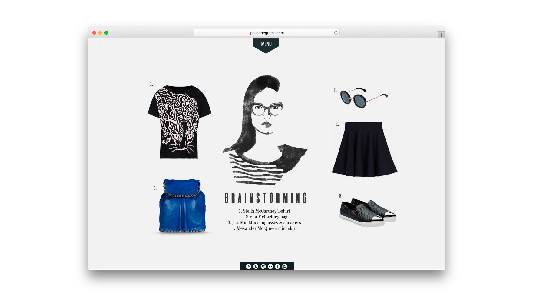 Home de Paseodegracia.com con ilustraci&oacute;n de una chica rodeada de diferentes prendas de vestir elegantes entre las que se encuentran una camiseta de tigre, una falda, unas gafas de sol, unas zapatillas y un bolso azul. Ilustraciones y dise&ntilde;o web de Esiete estudio de branding y comunicaci&oacute;n Barcelona. Desarrollo web por Sevenap
