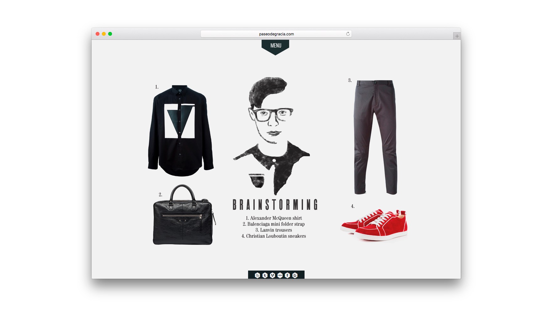 P&aacute;gina de inicio de Paseodegracia.com con una ilustraci&oacute;n de un hombre rodeado de elegantes prendas de vestir entre las que se encuentran unas zapatillas rojas, un pantal&oacute;n, una camisa y un bolso. Ilustraciones y dise&ntilde;o web por Esiete estudio de branding y comunicaci&oacute;n Barcelona. Desarrollo web por Sevenap