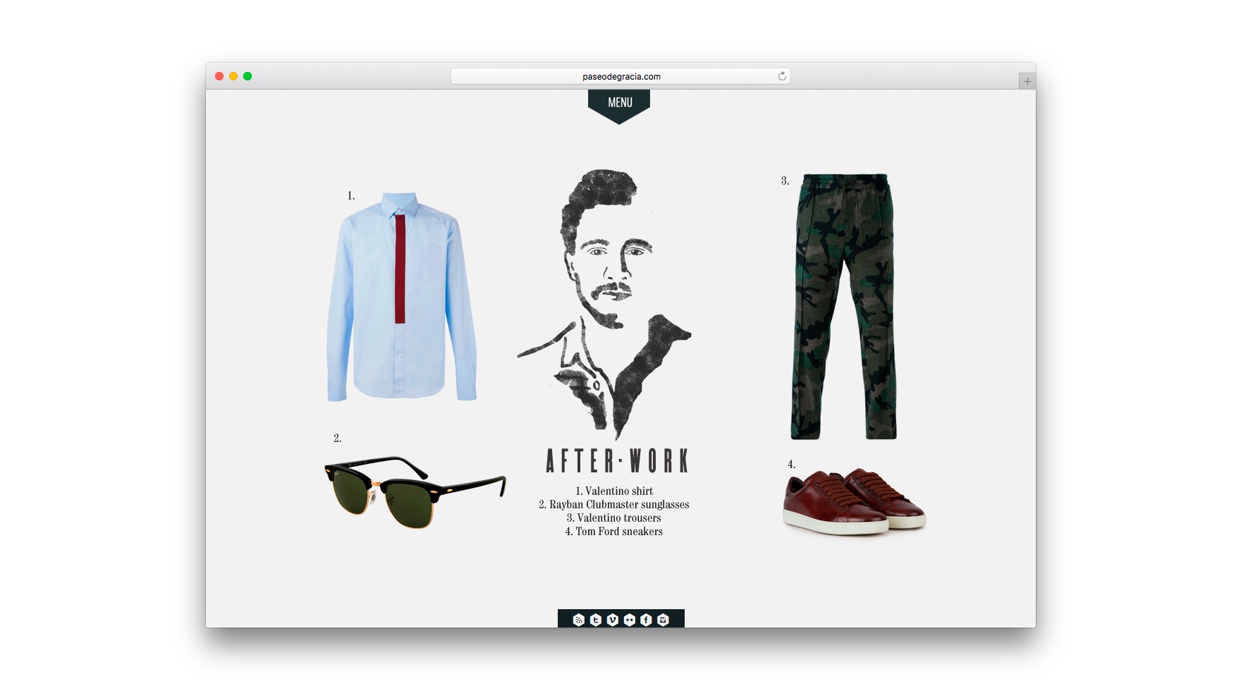 P&aacute;gina de inicio de Paseodegracia.com con una ilustraci&oacute;n de un hombre rodeado de diferentes prendas de vestir elegantes entre las que se encuentran unas gafas de sol, unas zapatillas marrones y un traje. Ilustraciones y dise&ntilde;o web por Esiete estudio de branding y comunicaci&oacute;n Barcelona. Desarrollo web por Sevenap