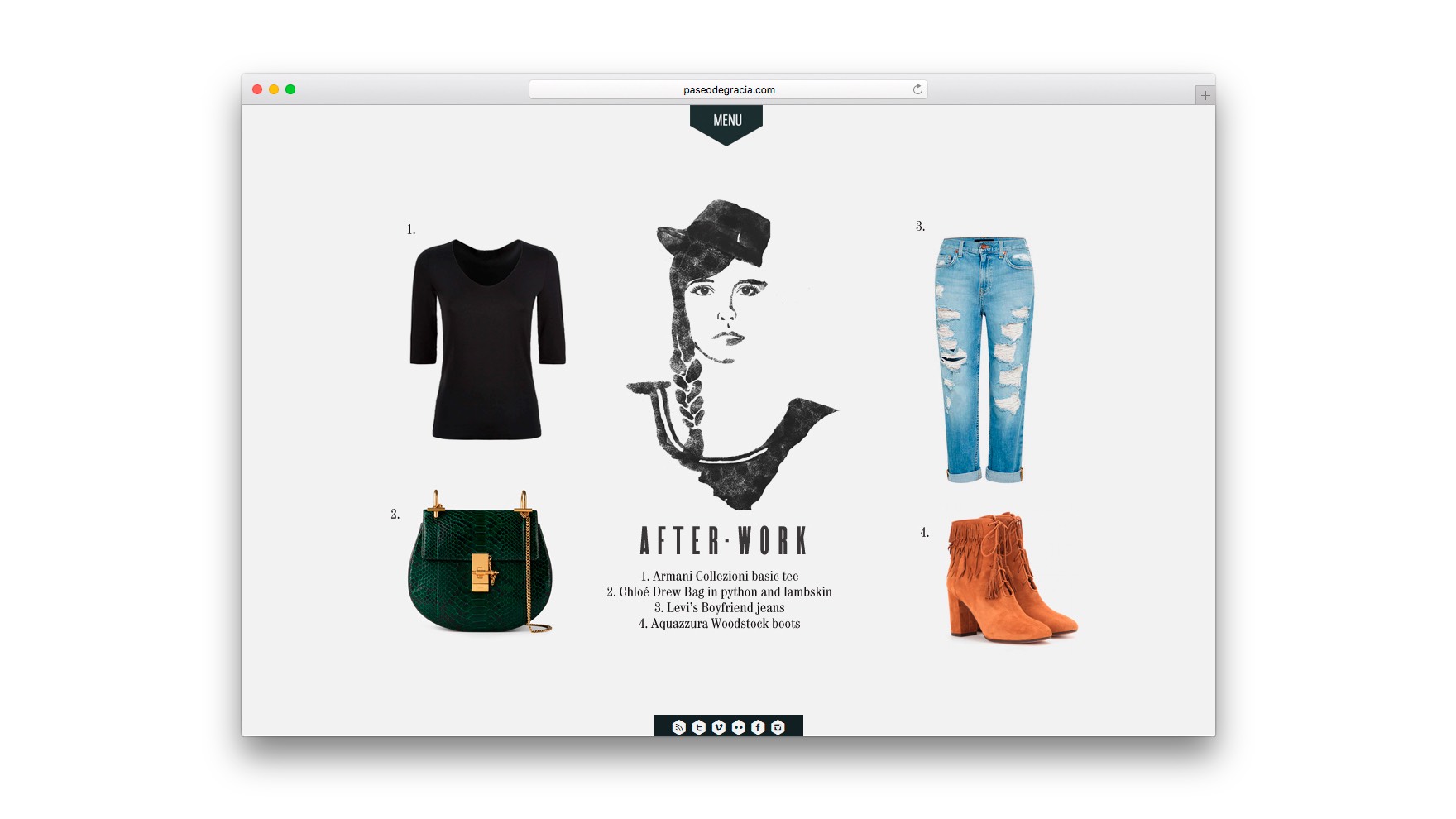P&aacute;gina de inicio de Paseodegracia.com con una ilustraci&oacute;n de una mujer rodeada de elegantes prendas de vestir entre las que se encuentran unas botas vaqueras, unos vaqueros desgastados, una blusa y un bolso. Ilustraciones y dise&ntilde;o web por Esiete estudio de branding y comunicaci&oacute;n Barcelona. Desarrollo web por Sevenap