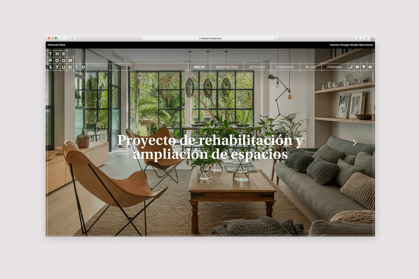 <span><span>Dise&ntilde;o de p&aacute;gina de inicio o landing page del sitio web de THE ROOM STUDIO. Con una imagen del espacio interior en la presentaci&oacute;n de diapositivas titulada &ldquo;Proyecto de rehabilitaci&oacute;n y ampliaci&oacute;n de espacios&rdquo;. P&aacute;gina web dise&ntilde;ada por esiete estudio de branding y comunicaci&oacute;n y programada por sevenap.</span></span>