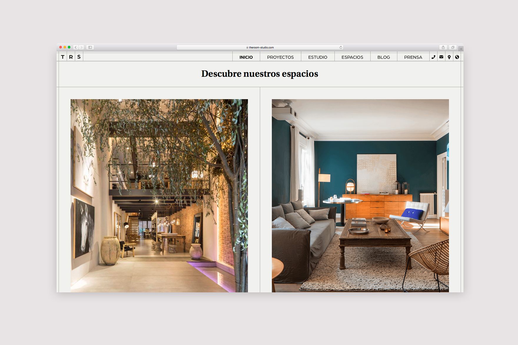 <span><span>Dise&ntilde;o del sitio web de THE ROOM STUDIO, mostrando la secci&oacute;n &ldquo;Descubre nuestros espacios&rdquo; desde la p&aacute;gina de inicio o landing. Con 2 proyectos de dise&ntilde;o de interiores. P&aacute;gina web dise&ntilde;ada por esiete estudio de branding y comunicaci&oacute;n y programada por sevenap.</span></span>