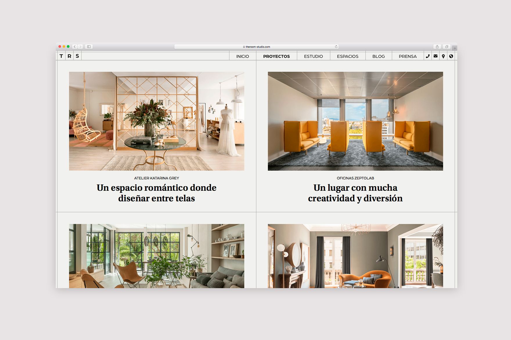 <span><span>Dise&ntilde;o de la p&aacute;gina &ldquo;Proyectos&rdquo; del sitio web de THE ROOM STUDIO. Con 4 proyectos de dise&ntilde;o de interiores con las palabras clave &ldquo;espacio romantico, lugar, diversi&oacute;n, creatividad&rdquo;. P&aacute;gina web dise&ntilde;ada por esiete estudio de branding y comunicaci&oacute;n y programada por sevenap.</span></span>