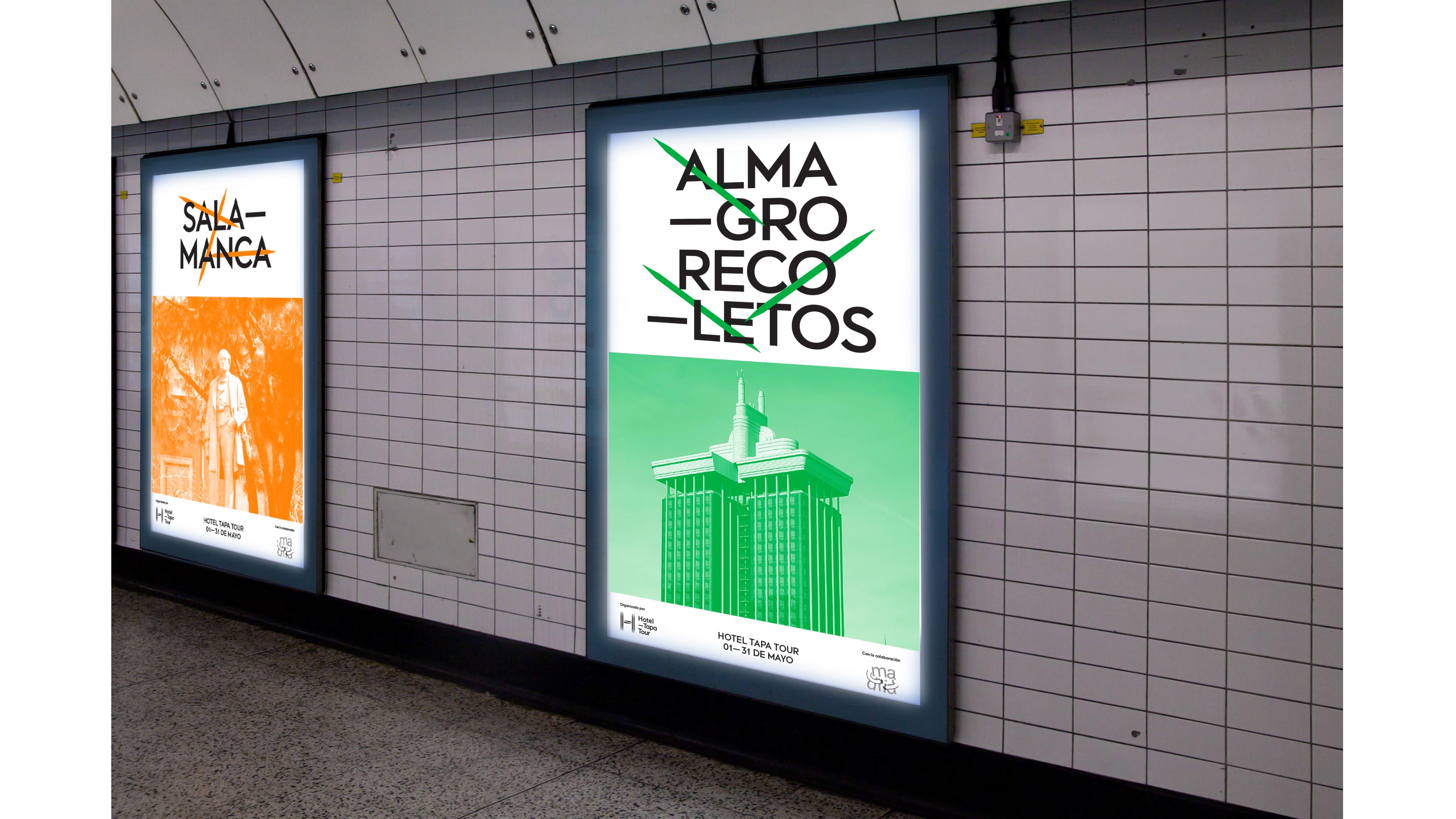 Carteles publicitarios del HOTEL TAPA TOUR con la gr&aacute;fica aplicada en verde y naranja. Dise&ntilde;ado por el estudio de branding y comunicaci&oacute;n esiete.