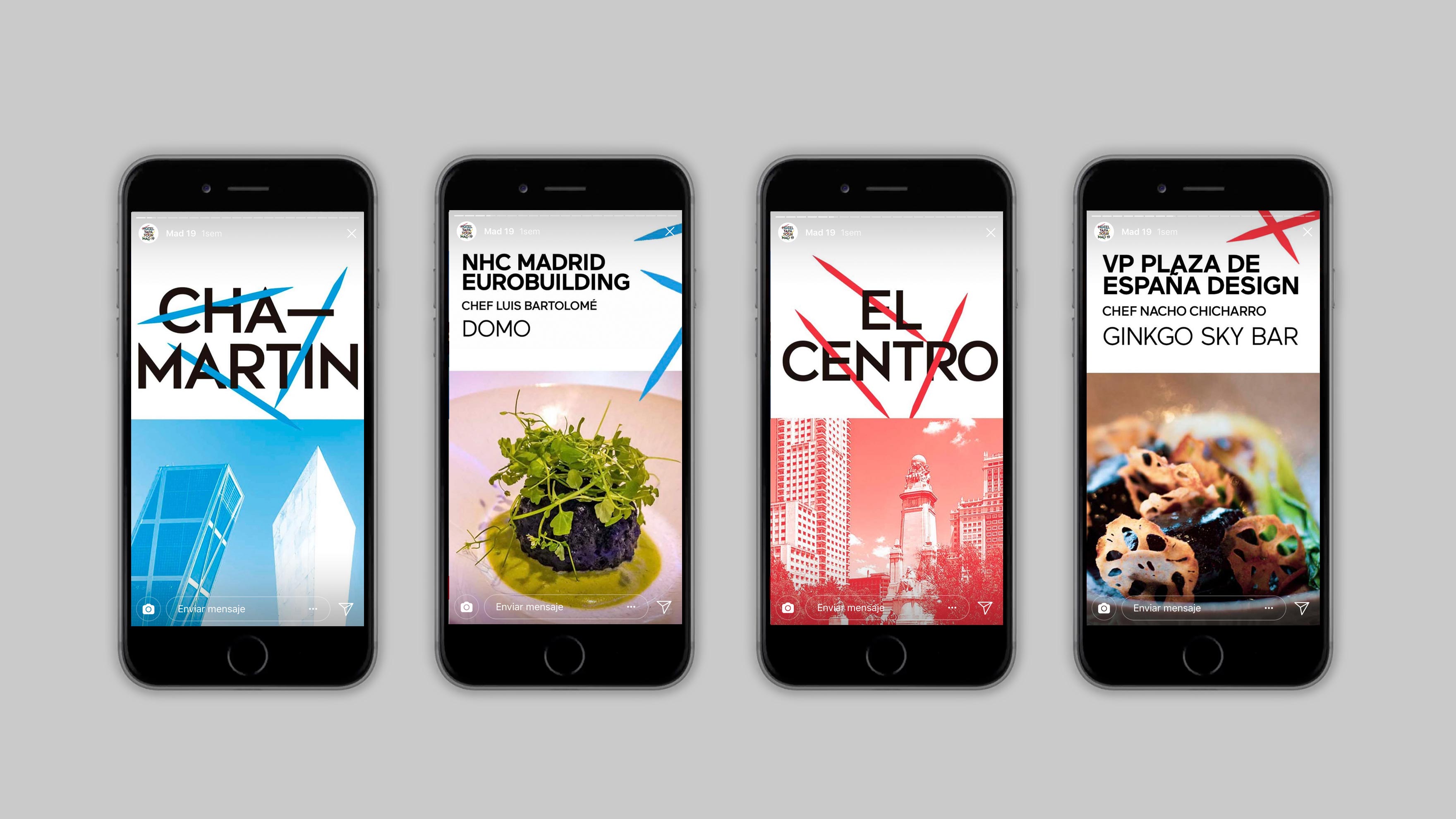 Mockup para mostrar el estilo de las historias de Instagram con la gr&aacute;fica aplicada. Interior de una p&aacute;gina de un folleto corporativo de HOTEL TAPA TOUR con la identidad gr&aacute;fica aplicada en azul. Dise&ntilde;ado por el estudio de branding y comunicaci&oacute;n esiete.