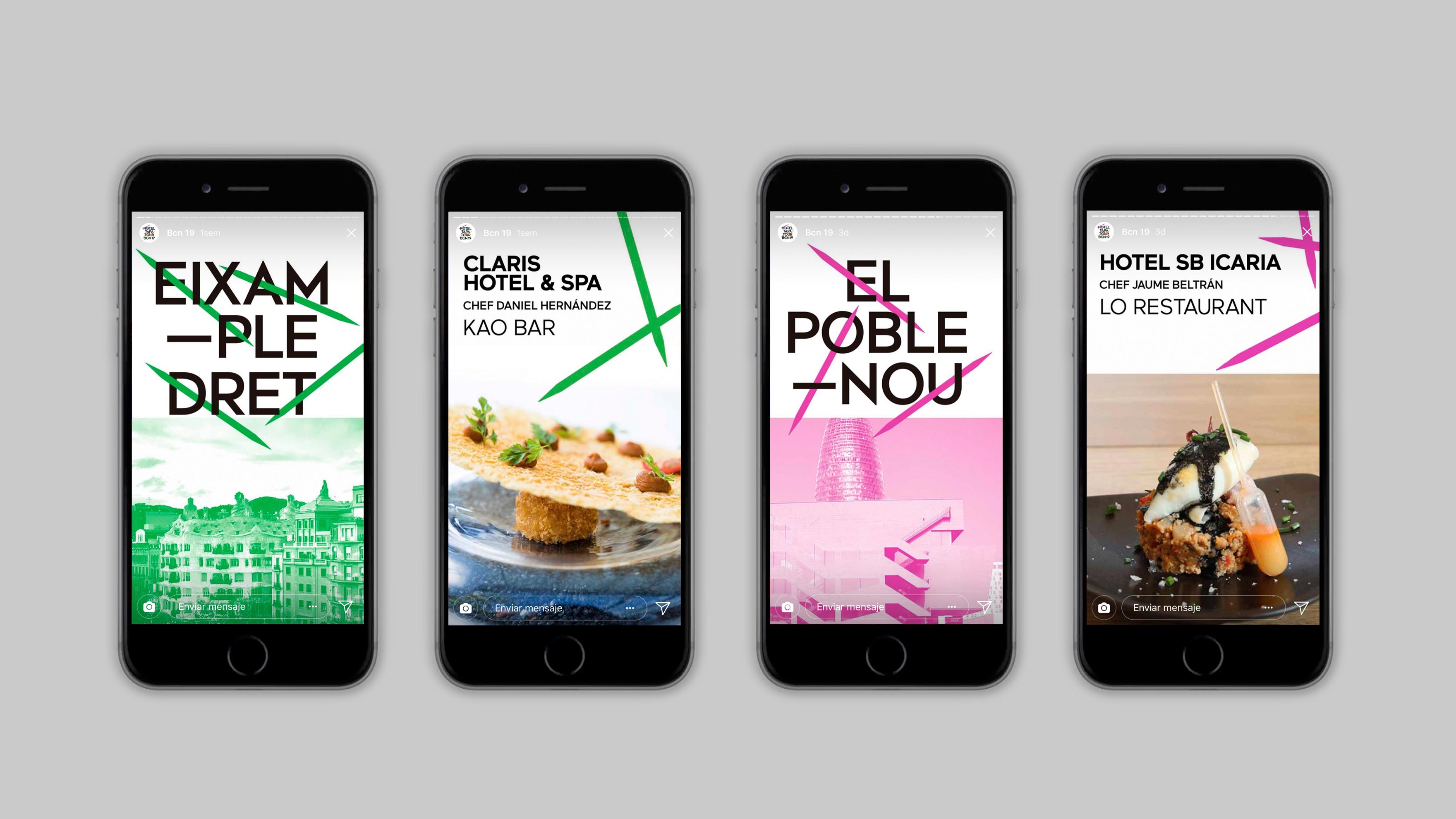 Mockup para mostrar el estilo de las historias de Instagram con la gr&aacute;fica aplicada. Interior de una p&aacute;gina de un folleto corporativo de HOTEL TAPA TOUR con la identidad gr&aacute;fica aplicada en azul. Dise&ntilde;ado por el estudio de branding y comunicaci&oacute;n esiete.