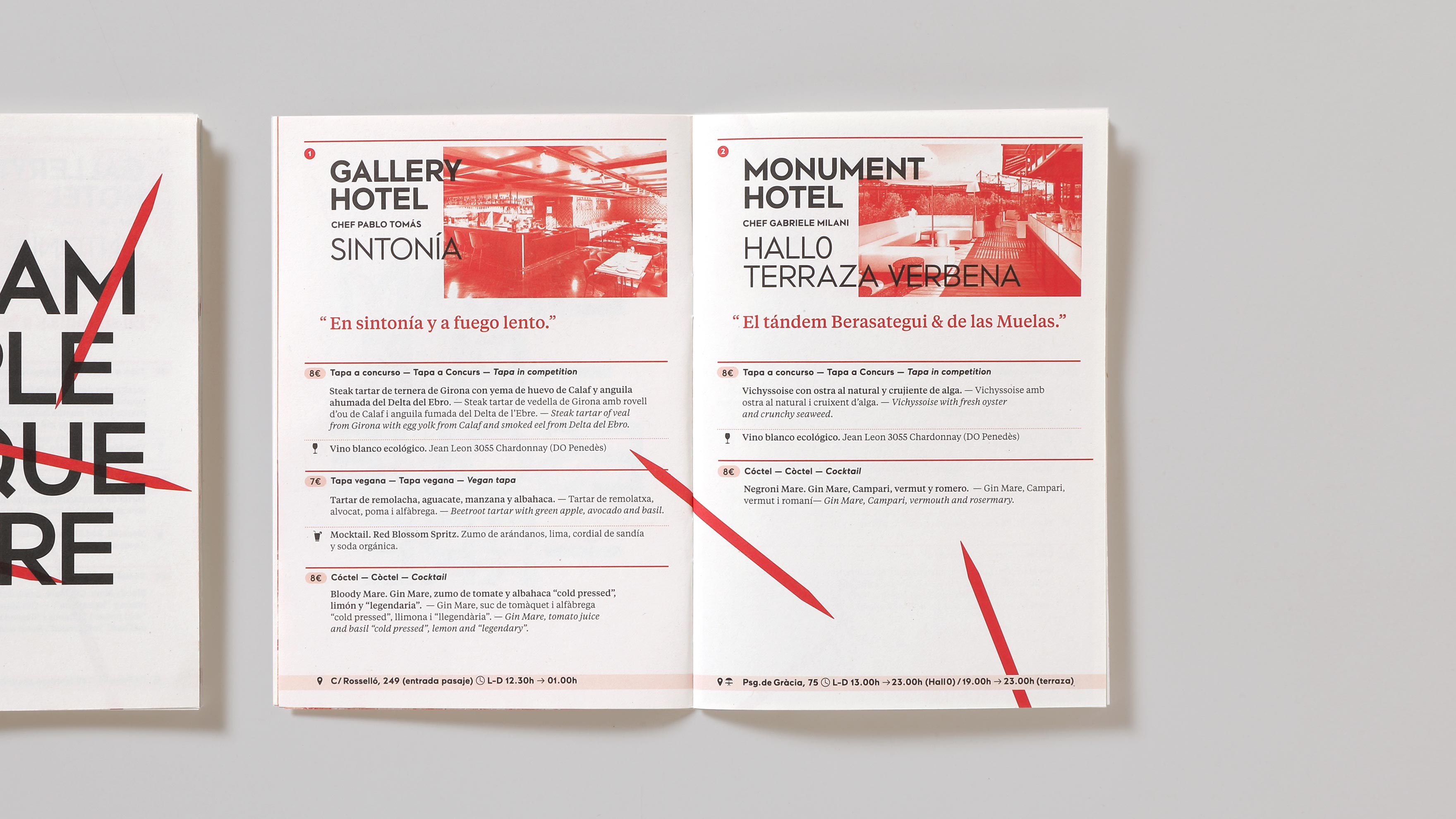 Interior de una p&aacute;gina de un folleto corporativo de HOTEL TAPA TOUR con la identidad gr&aacute;fica aplicada en rojo. Dise&ntilde;o del estudio de branding y comunicaci&oacute;n esiete.