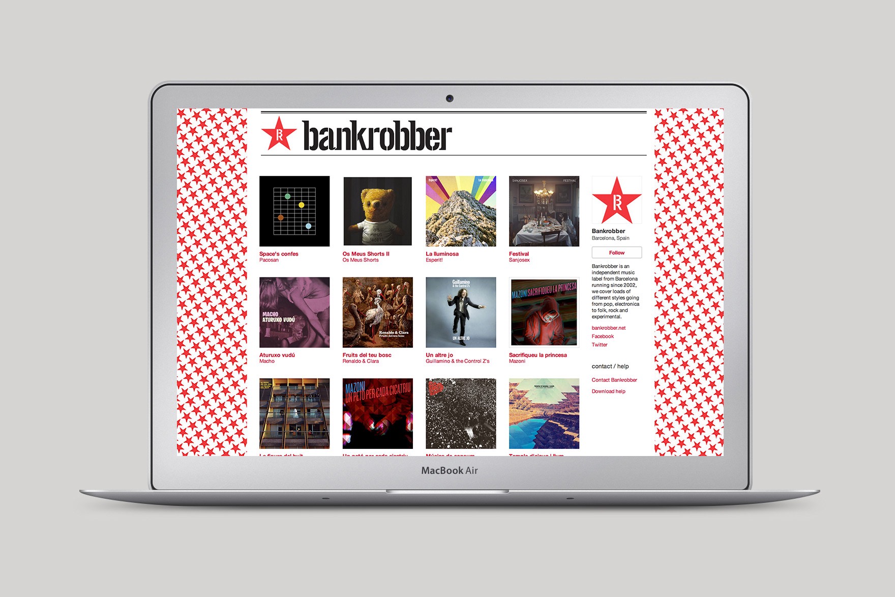 Dise&ntilde;o de landing page de la web de BANKROBBER. Incluye el logo y el estampado de la estrella roja de Bankrobber, diferentes grupos musicales y portadas de discos de Catalu&ntilde;a. Web dise&ntilde;ada por el estudio de branding y comunicaci&oacute;n esiete y programada por sevenap.