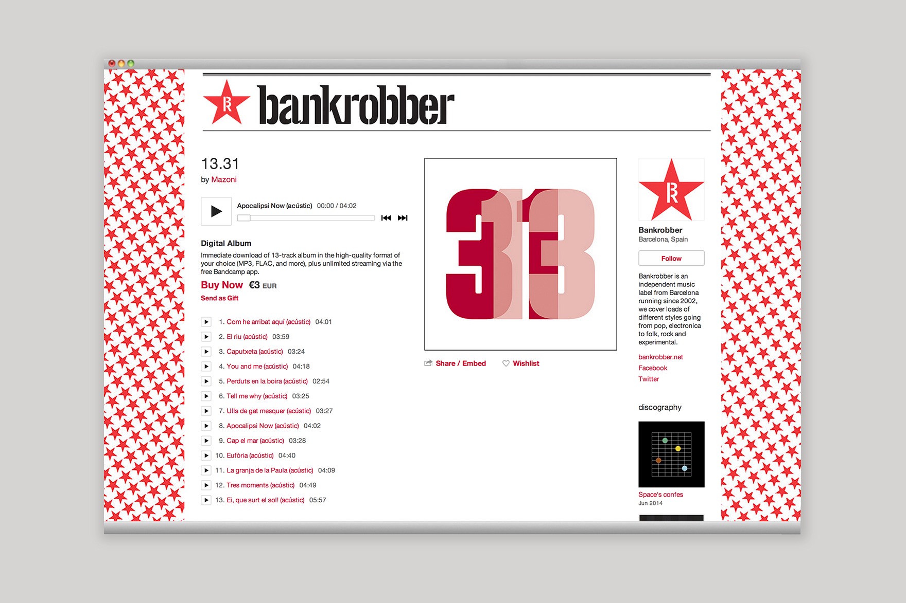 P&aacute;gina web del disco de m&uacute;sica 13.31 en la web de BANKROBBER. Web dise&ntilde;ada por el estudio de branding y comunicaci&oacute;n esiete y programada por sevenap.