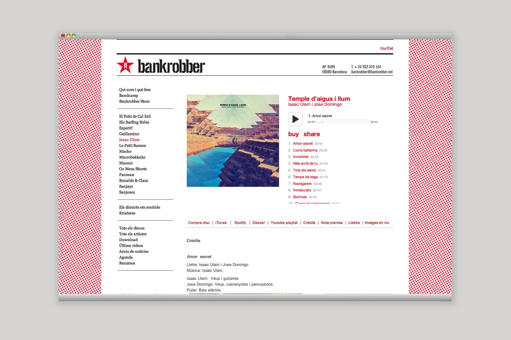 Dise&ntilde;o de la p&aacute;gina web del disco Temple d&rsquo;aigua i llum en la web de BANKROBBER. Dise&ntilde;o del estudio de branding y comunicaci&oacute;n esiete y programado por sevenap.