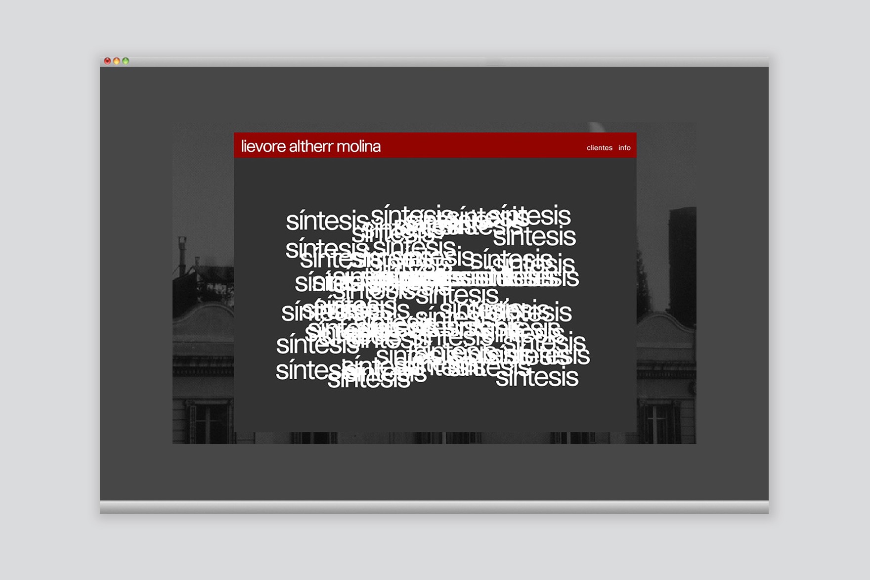 P&aacute;gina web de LIEVORE ALTHERR MOLINA con un pop up de la palabra SYNTHESIS. Web dise&ntilde;ada por el estudio de branding y comunicaci&oacute;n Esiete y programada por sevenap.