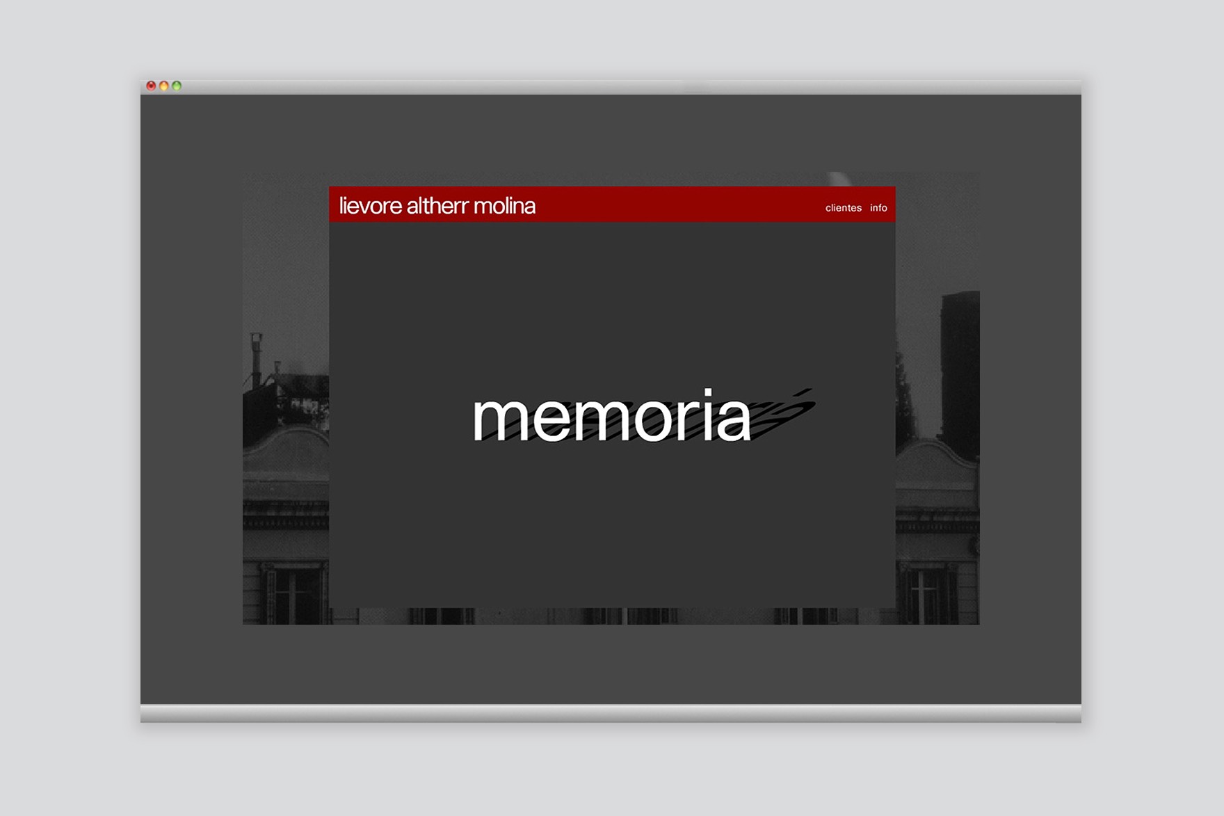 P&aacute;gina web de LIEVORE ALTHERR MOLINA con la palabra memory proyectando sombra. Web dise&ntilde;ada por el estudio de branding y comunicaci&oacute;n Esiete y programada por sevenap.