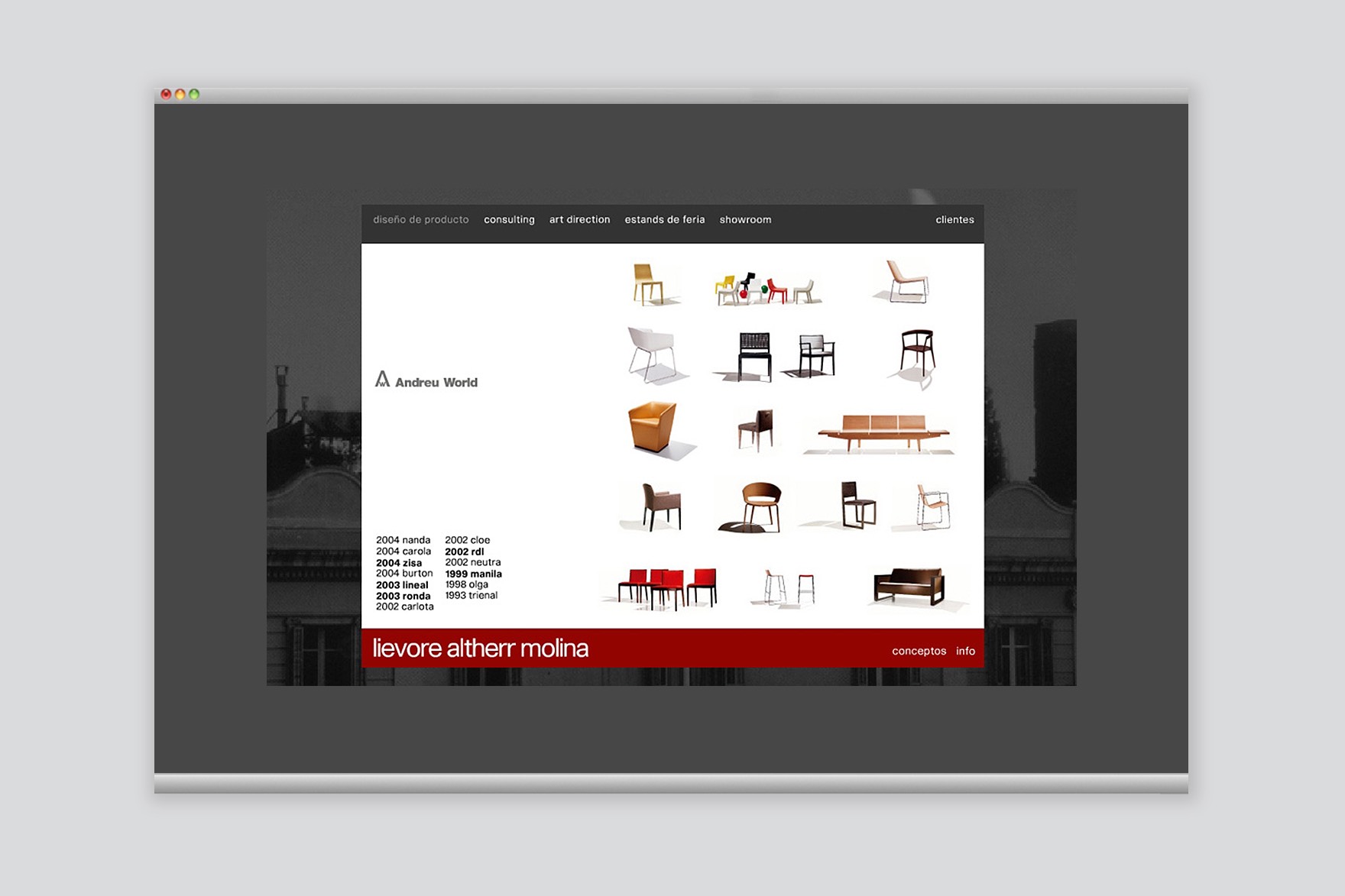 P&aacute;gina de productos de la web ecommerce de LIEVORE ALTHERR MOLINA. Incluye sillas y sof&aacute;s. Web dise&ntilde;ada por el estudio de branding y comunicaci&oacute;n Esiete y programada por sevenap.