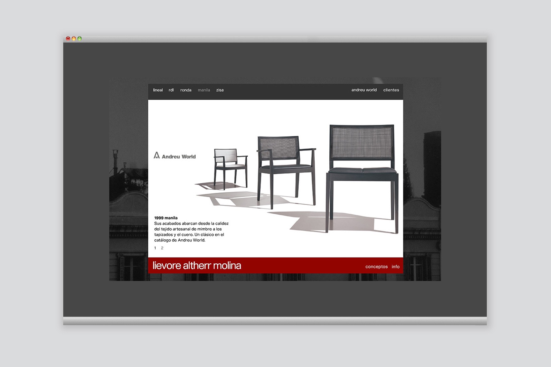 P&aacute;gina de detalles del producto silla manila 1999 en la web de LIEVORE ALTHERR MOLINA. Web dise&ntilde;ada por el estudio de branding y comunicaci&oacute;n Esiete y programada por sevenap.