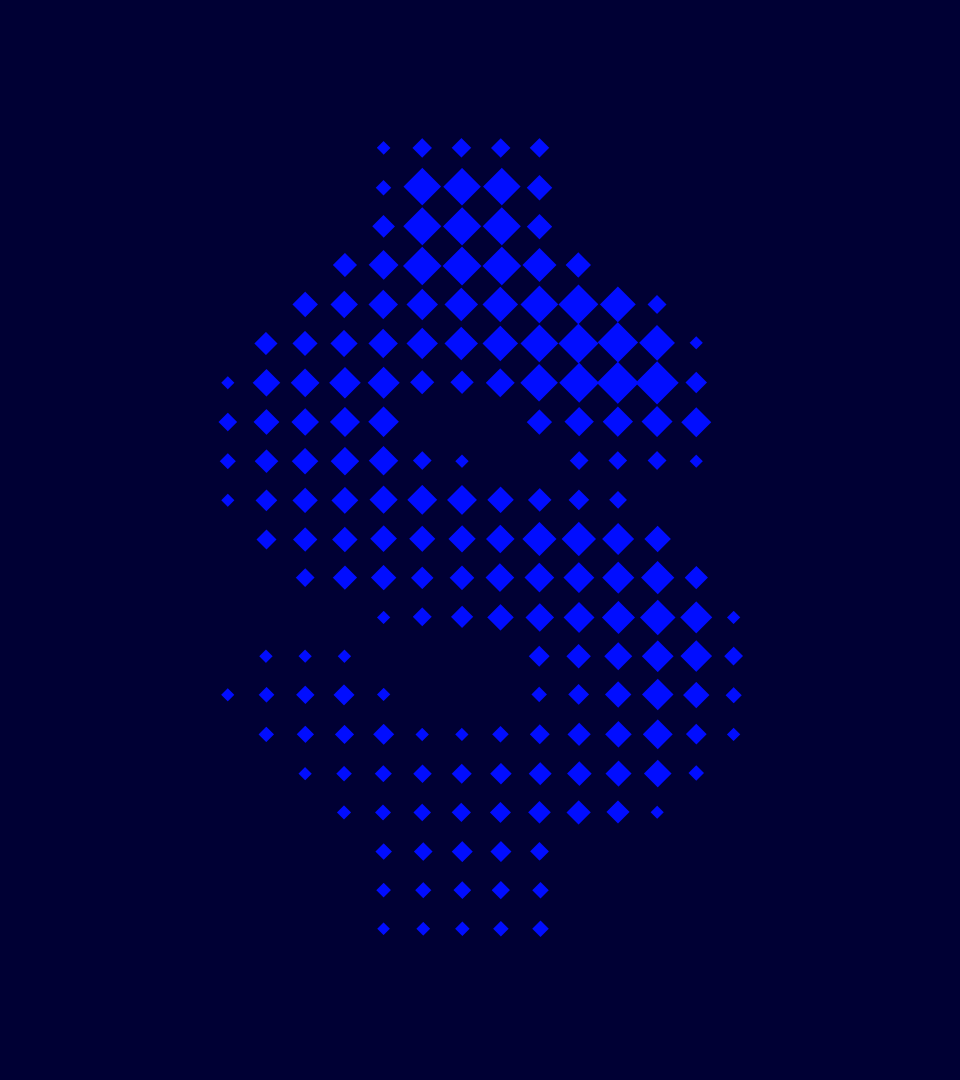 Ilustraci&oacute;n de un signo de d&oacute;lar azul formado por rombos sobre un fondo azul muy oscuro.