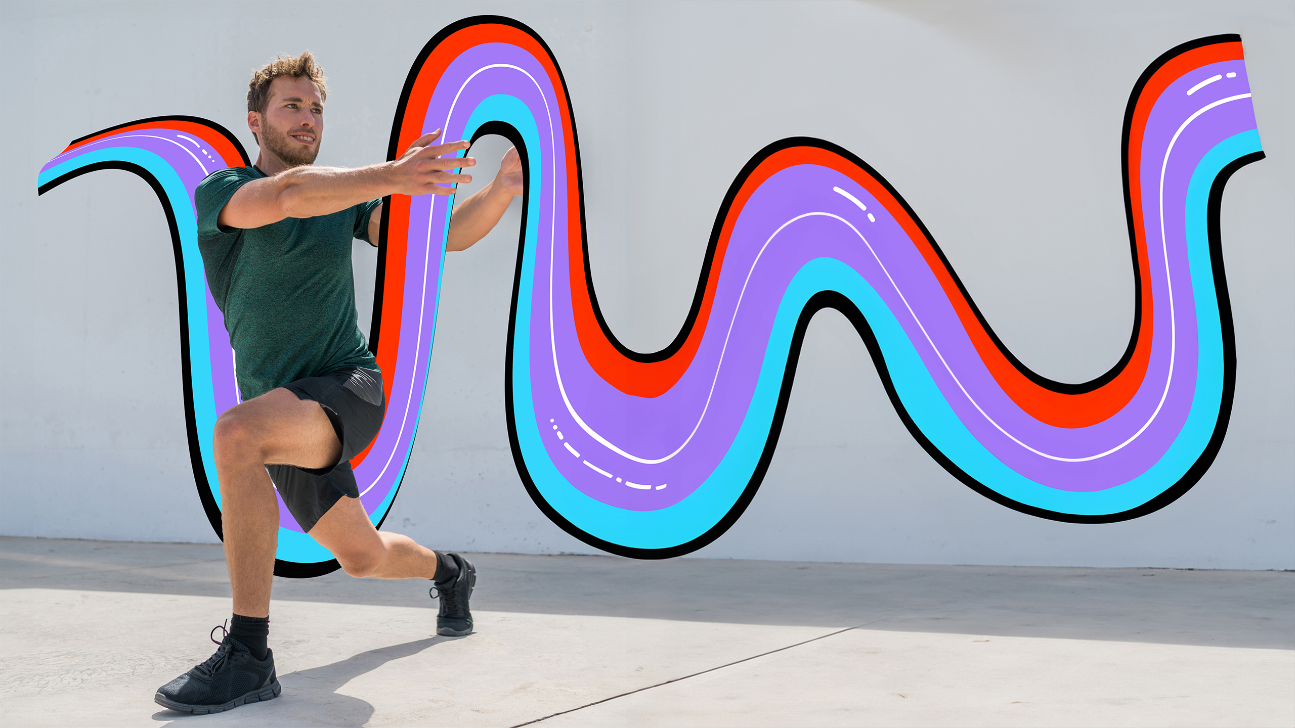 Campaign artwork for Barcelona Festa Fitness 2025:&nbsp;Sporty man doing city exercises&nbsp;in Barcelona,&nbsp;surrounded by vibrant and colorful wavy graphic lines.&nbsp;Designed by ESIETE, a Barcelona-based branding and graphic design studio.
