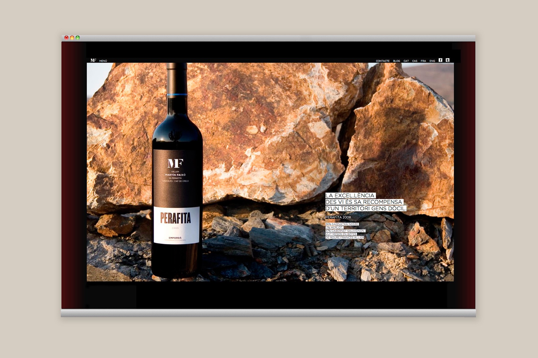 Secci&oacute; on es parla de l'excel&middot;l&egrave;ncia al web del CELLER MART&Iacute;N FAIX&Oacute;. Inclou una ampolla de vi Perafita en roques. Web dissenyada per l'estudi de marca i comunicaci&oacute; esiete i programada per sevenap.