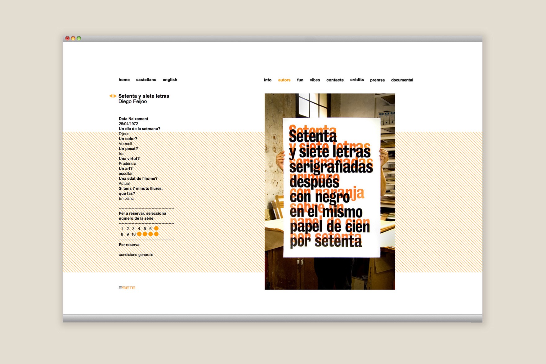 Dise&ntilde;o de la p&aacute;gina de &ldquo;Autores&rdquo; de la web de POWERS OF SEVEN. Incluye un motivo abstracto minimalista en color naranja, un hombre sujetando el cartel tipogr&aacute;fico de Setenta y Siete Letras, dise&ntilde;o de Diego Feijoo. Web dise&ntilde;ada por el estudio de branding y comunicaci&oacute;n esiete y programada por sevenap.