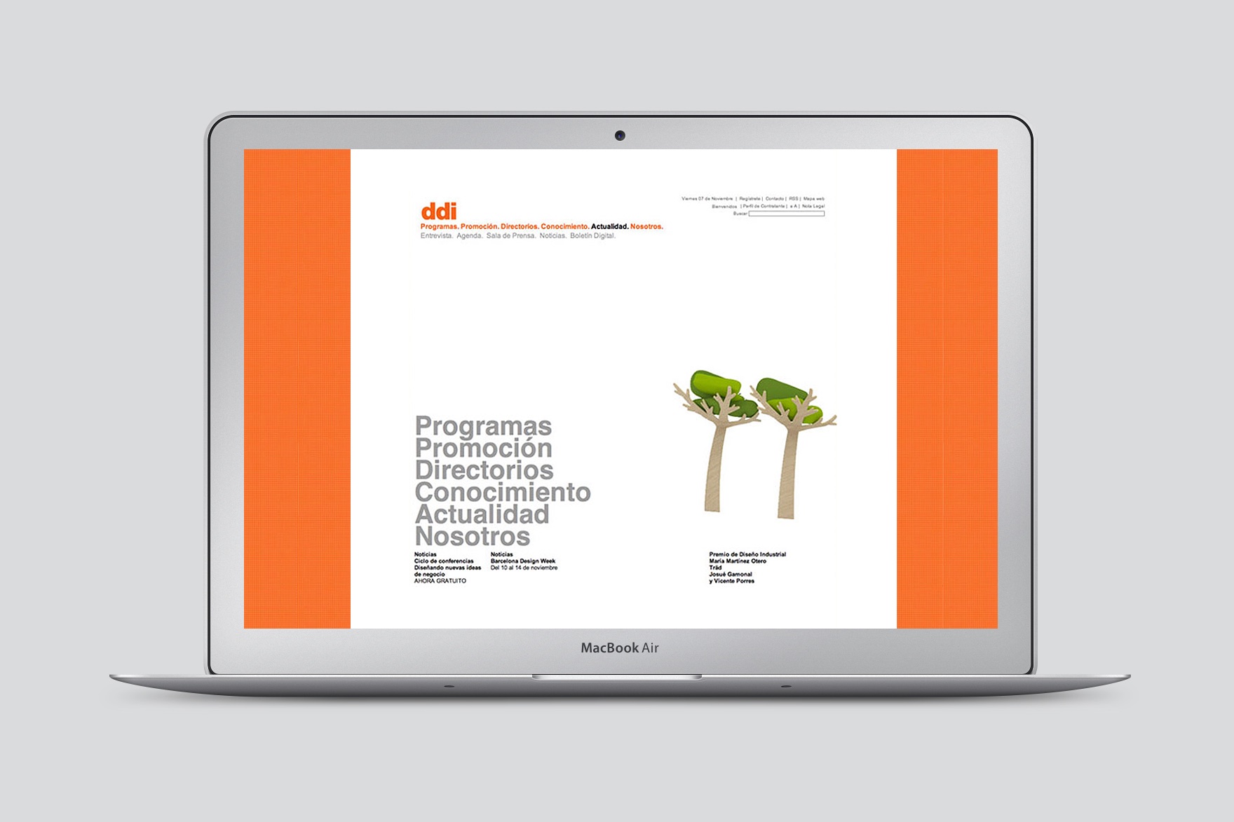 Landing page design of the DDI website. Includes orange color, paper cut trees etc. Website designed by Esiete branding and communication studio and programmed by sevenap.
