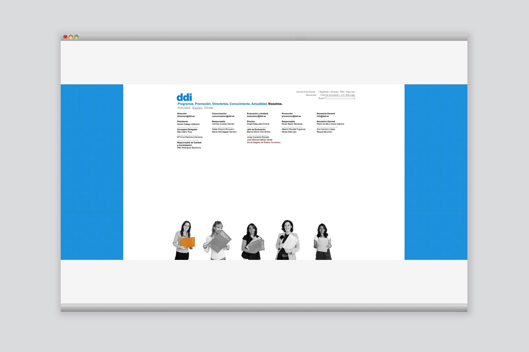CURRENT NEWS page of the DDI website. Includes blue color, black and white students photograph and generous white space layout. Website designed by Esiete branding and communication studio and programmed by sevenap.