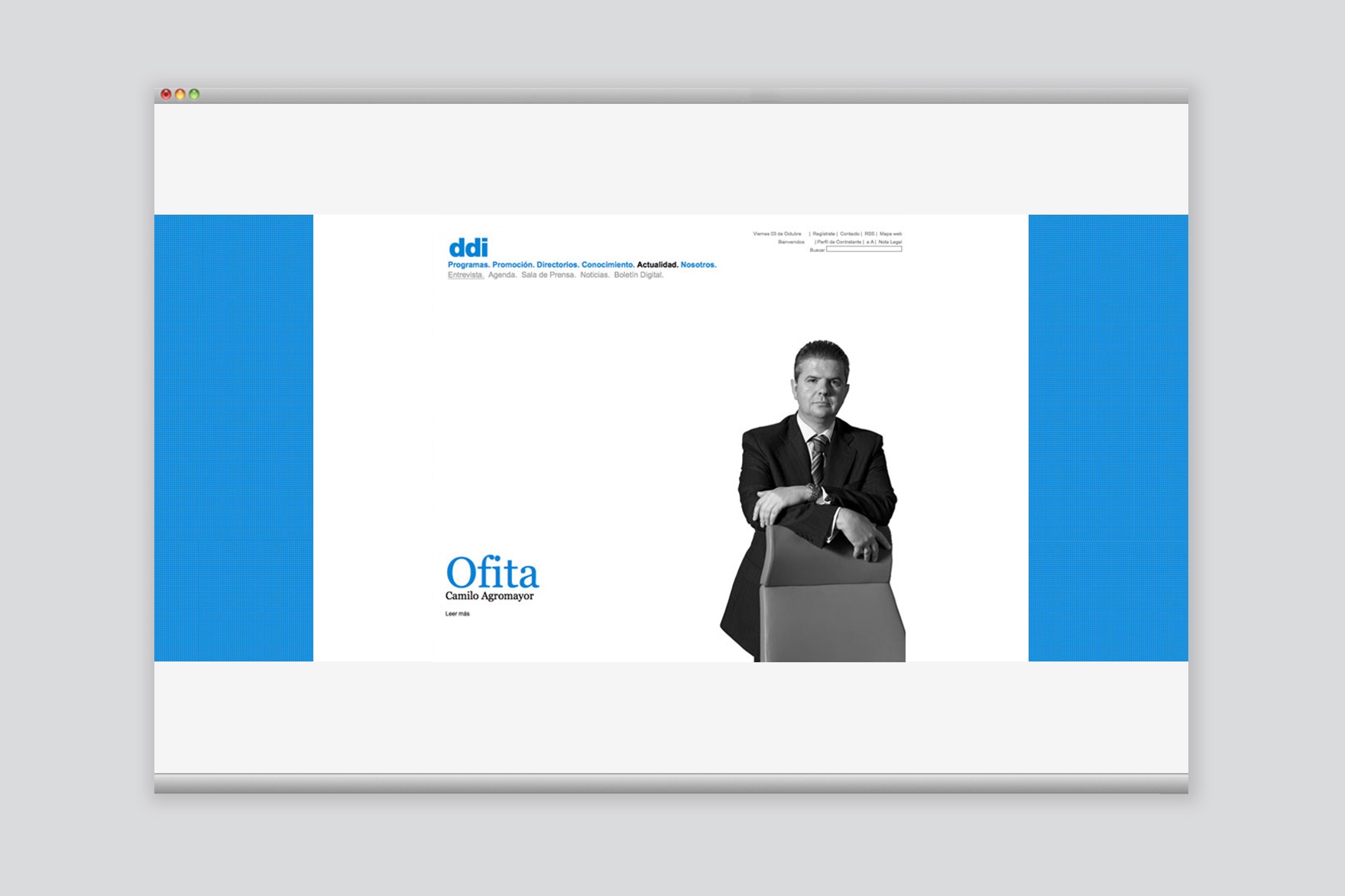 DDI website menu. Includes a man wearing a suit and a blue color background. Website designed by Esiete branding and communication studio and programmed by sevenap.