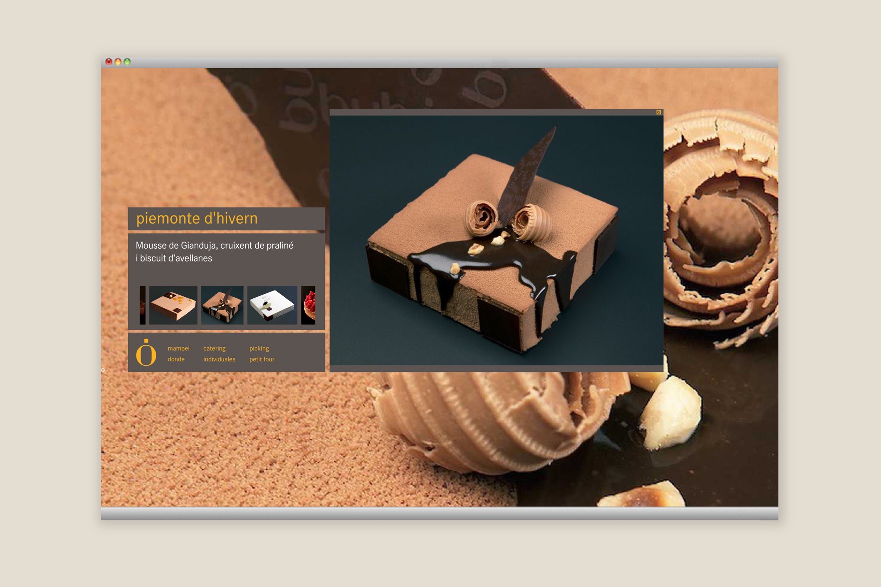 P&aacute;gina PIEMONTE D&rsquo;HIVERN de la web de chocolates y tartas BUB&Oacute;. Web dise&ntilde;ada por el estudio de branding y comunicaci&oacute;n Esiete y programada por sevenap.