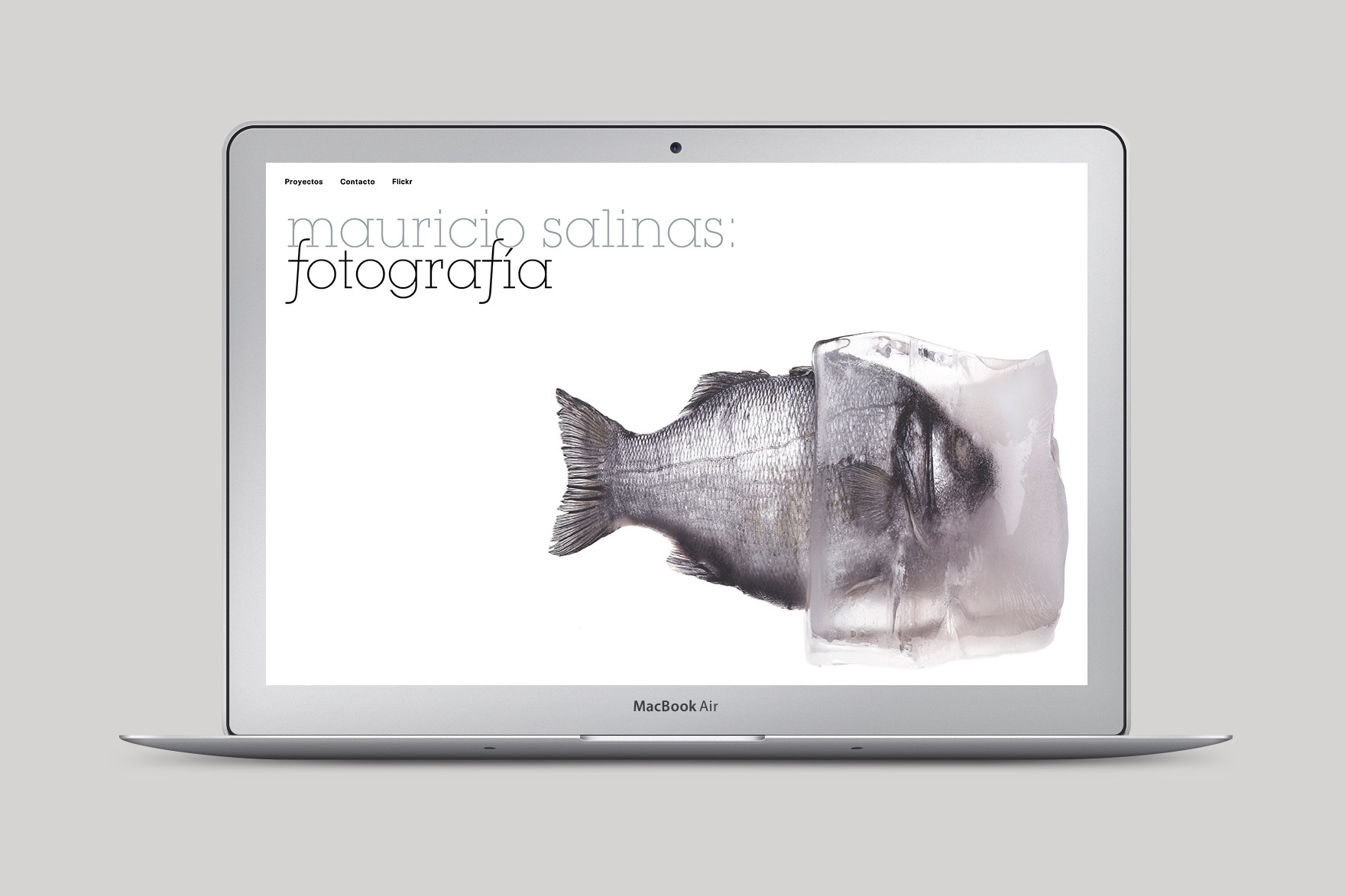 Maqueta de laptop de dise&ntilde;o de landing page de la web de fotograf&iacute;a de Mauricio Salinas. Incluye fondo de un pez entrando en una bolsa de pl&aacute;stico. Web dise&ntilde;ada por el estudio de branding y comunicaci&oacute;n Esiete y programada por sevenap.