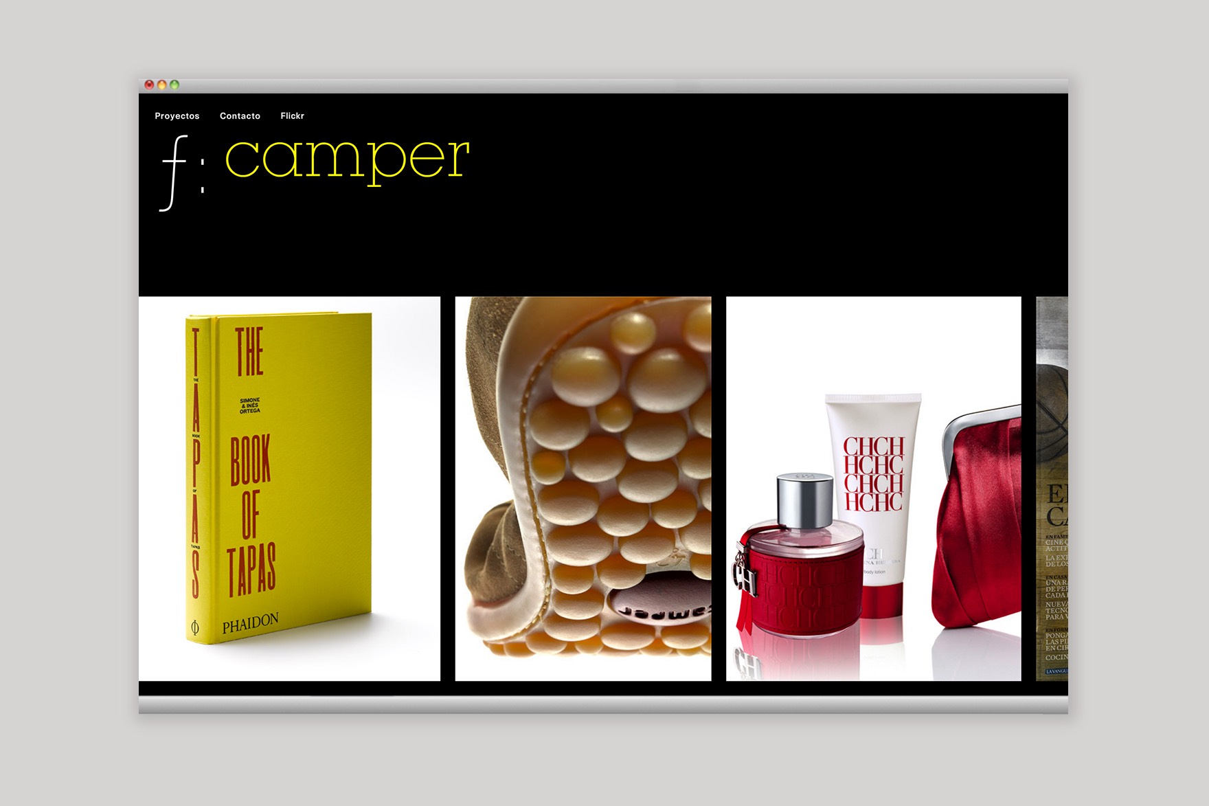 Dise&ntilde;o de p&aacute;gina de proyectos de la web portfolio de Mauricio Salinas. Incluye fotograf&iacute;a de un &ldquo;Libro de tapas&rdquo; en amarillo, zapatos en primer plano y packaging de cosm&eacute;tica/cuidado de la piel. Web dise&ntilde;ada por el estudio de branding y comunicaci&oacute;n Esiete y programada por sevenap.