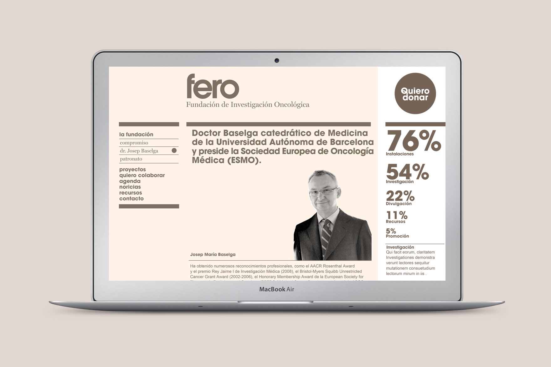 Dise&ntilde;o de landing page de la web de la Fundaci&oacute;n de Investigaci&oacute;n Oncol&oacute;gica FERO. Incluye fondo rosa suave, tipograf&iacute;a y formas en marr&oacute;n claro, fotos en blanco y negro, infograf&iacute;a de n&uacute;meros sencillos. Web dise&ntilde;ada por el estudio de branding y comunicaci&oacute;n Esiete y programada por sevenap.