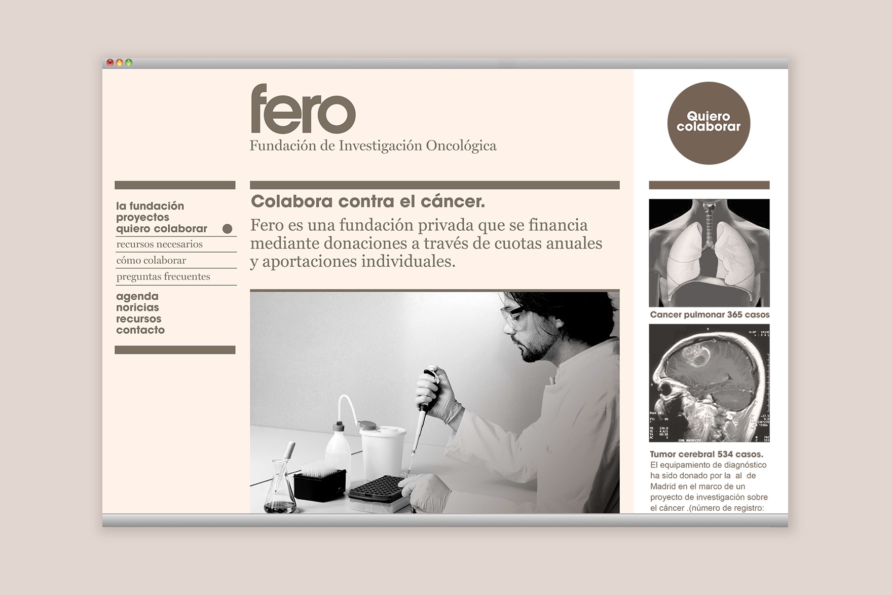 Secci&oacute;n Colabora contra el c&aacute;ncer de la web de FERO. Incluye fotos de resonancia magn&eacute;tica y del interior del laboratorio, y un gran bot&oacute;n circular de CTA &ldquo;Quiero colaborar&rdquo;. Web dise&ntilde;ada por el estudio de branding y comunicaci&oacute;n Esiete y programada por sevenap.