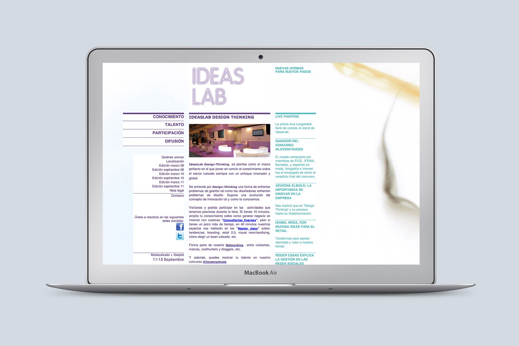 Maqueta de port&aacute;til con el dise&ntilde;o de la landing page de la web de IDEAS LAB. Incluye tipograf&iacute;a colorida principalmente el morado como color dominante. Web dise&ntilde;ada por el estudio de branding y comunicaci&oacute;n esiete y programada por sevenap.