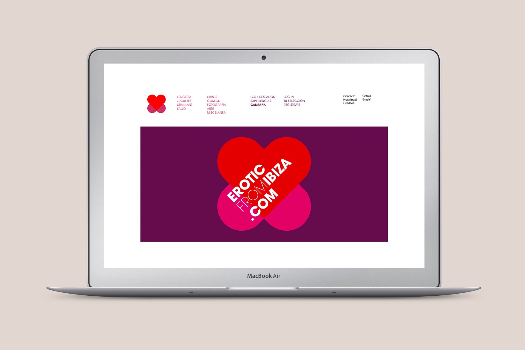Homepage design of the ER&Oacute;TIC FROM IBIZA website. Includes 2 crossed red and pink hearts over a magenta background&nbsp; Website designed by esiete branding and communication studio and programmed by sevenap.