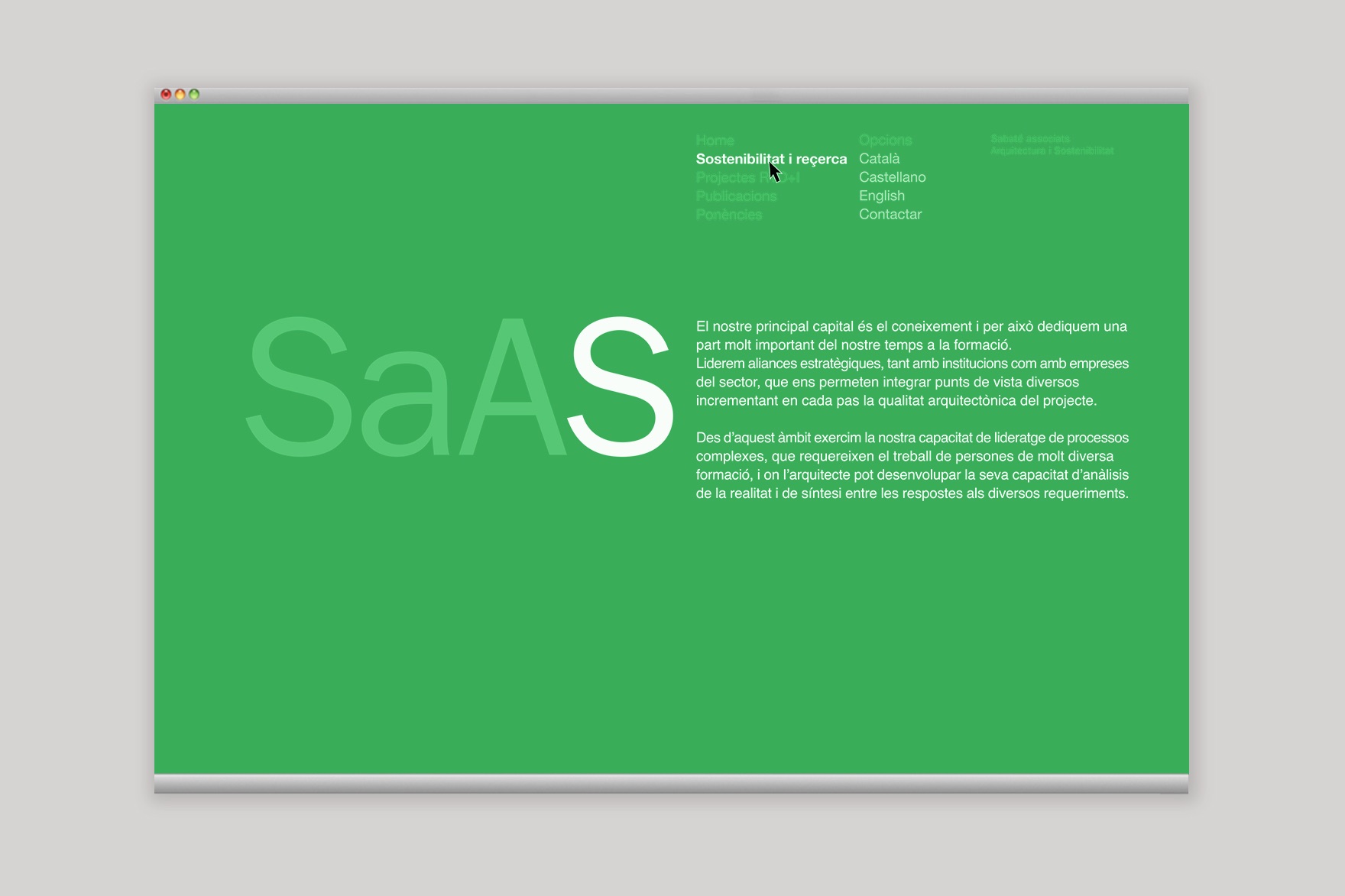 Dise&ntilde;o de la p&aacute;gina de inicio de la web de SAAS, apartado SOSTENIBILIDAD I RE&Ccedil;ERCA. Versi&oacute;n verde. Dise&ntilde;ado por el estudio de branding y comunicaci&oacute;n Esiete y programado por sevenap.