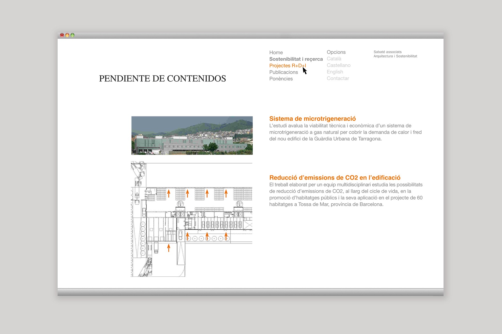 Dise&ntilde;o de la p&aacute;gina de PROYECTOS I+D+I de la web de SAAS. Incluye 2 art&iacute;culos &ldquo;sistemas de microtrigeneraci&oacute;, Reduuccio d&acute;emissions de CO2 en l&acute;edificaci&oacute;&rdquo; con im&aacute;genes y bocetos. Web dise&ntilde;ada por el estudio de branding y comunicaci&oacute;n Esiete y programada por sevenap.