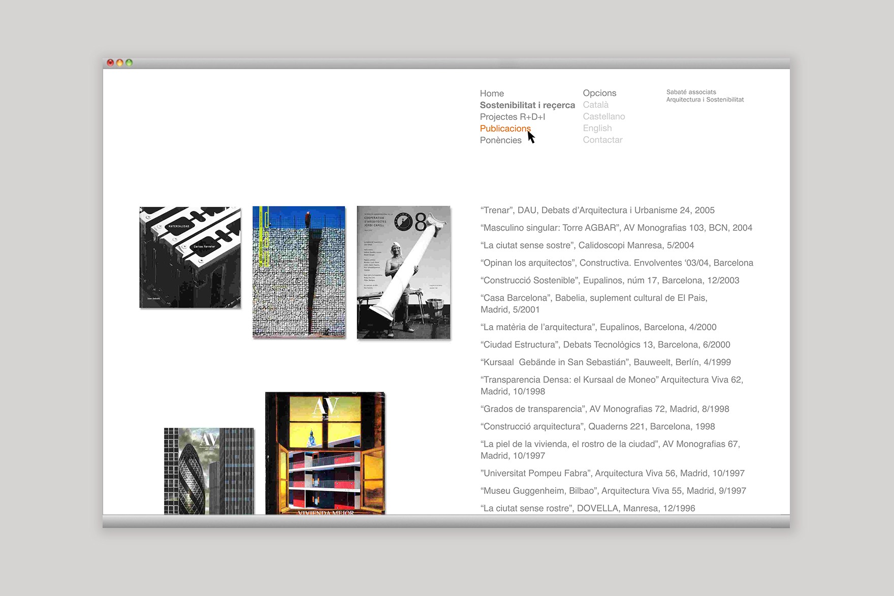 Dise&ntilde;o de la p&aacute;gina de &ldquo;Publicaciones&rdquo; de la web de SAAS. Incluye archivo de diferentes proyectos de arquitectura y urbanismo antiguos. Dise&ntilde;ado por el estudio de branding y comunicaci&oacute;n Esiete y programado por sevenap.