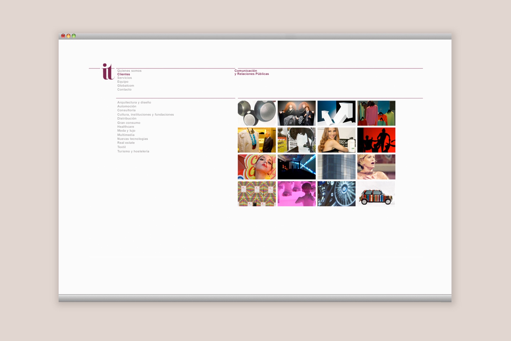 CLIENTS page design of the IT COMMUNICATION website.&nbsp; Includes different portfolio projects. Website designed by Esiete branding and communication studio and programmed by sevenap.